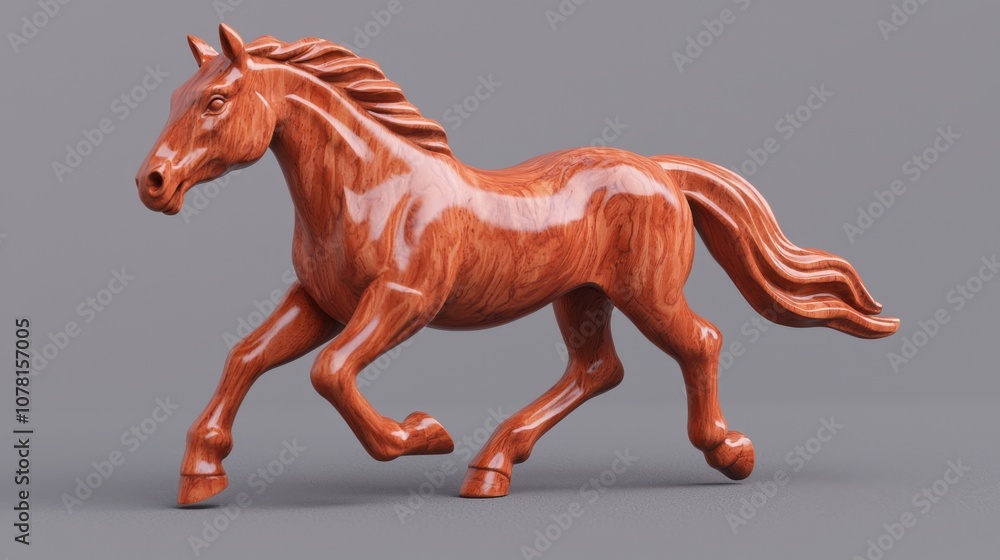A polished wooden sculpture of a running horse, showcasing craftsmanship and artistry. A polished wooden sculpture of a running horse, showcasing craftsmanship and artistry.