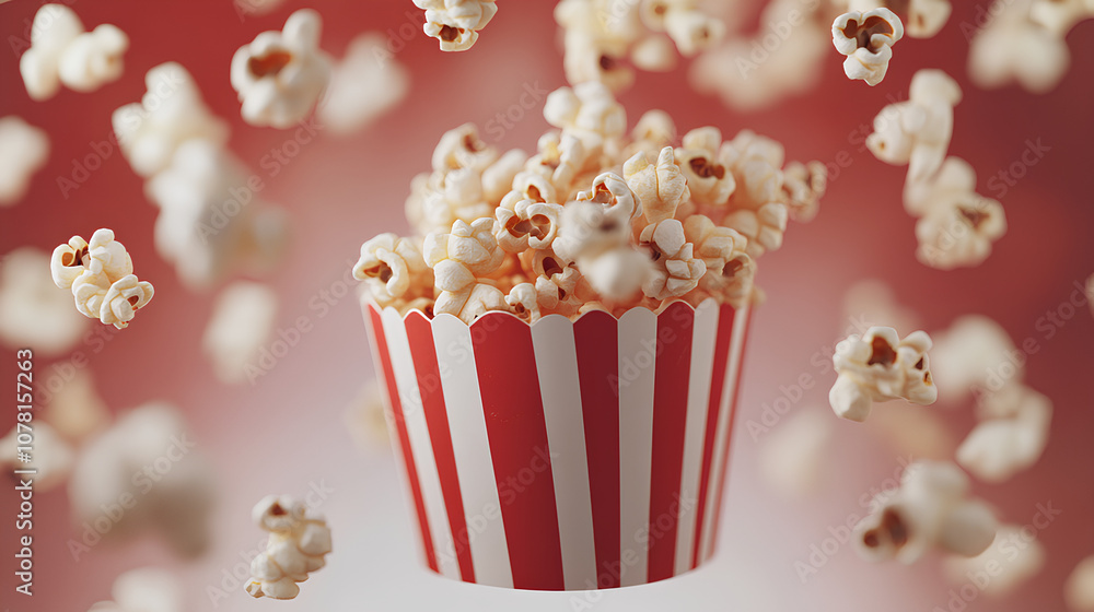 Delicious popcorn flying out of a red white striped paper Delicious popcorn flying out of a red white striped paper