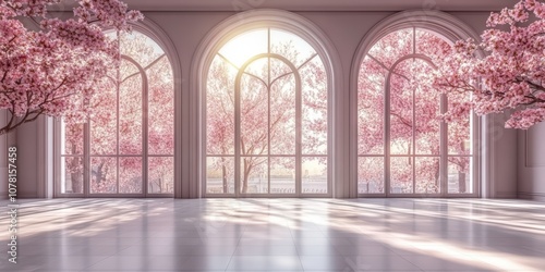 Wallpaper Mural empty room large hall of palace, with white walls and arched windows adorned with pink flowers.empty Luxury Palace Interior,	
 Torontodigital.ca