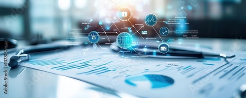 Clean report cover design with healthcare icons and financial data theme