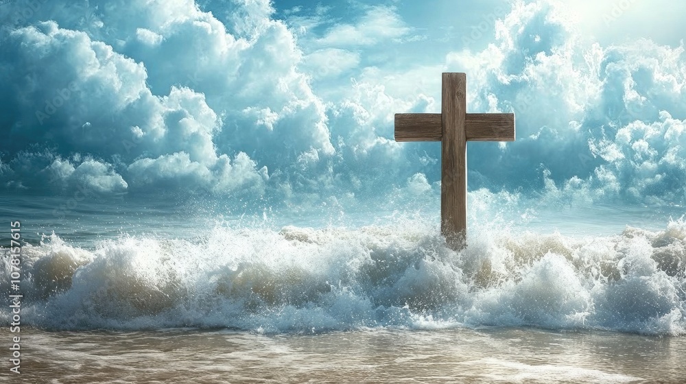 Cross on a beach with waves crashing, open sky for placing hopeful or serene text Cross on a beach with waves crashing, open sky for placing hopeful or serene text