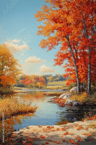 Stunning Autumn Landscape with Vibrant Foliage and Serene River Under a Clear Blue Sky in a Picturesque Natural Setting