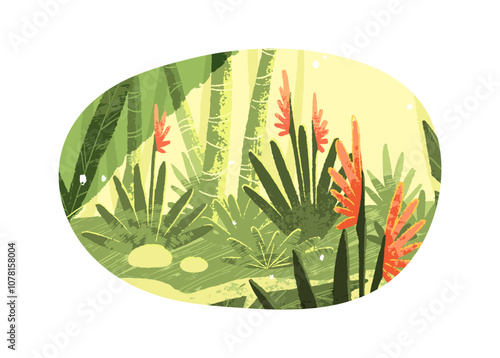 Brazil jungle landscape with tropical plants, flowers. Amazon rainforest scenery with exotic palm trees, green leaves. Rain forest nature, bamboo woodland. Flat isolated vector illustration on white