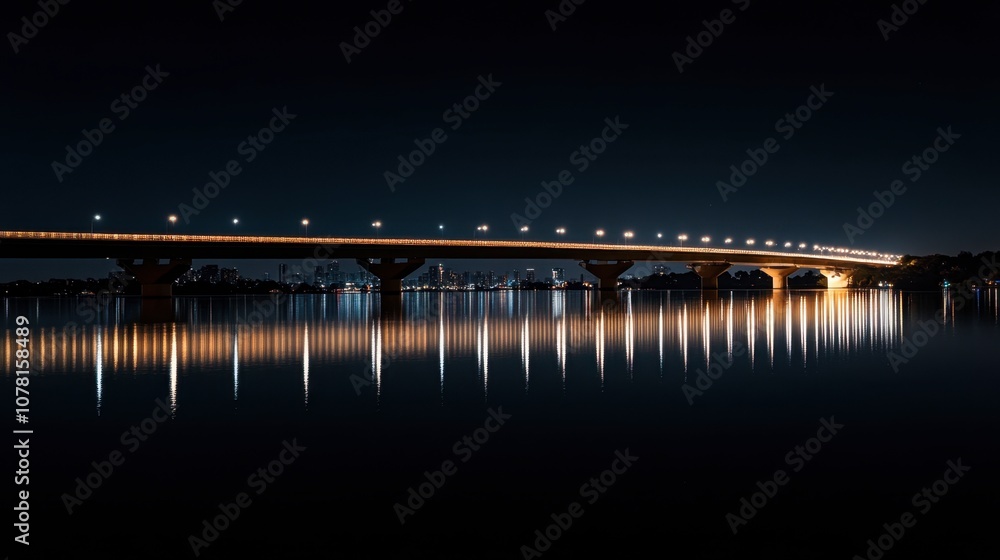 Fototapeta premium Nighttime Bridge Reflection Over Calm Water