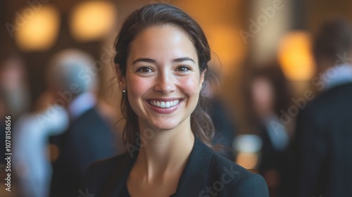 Confident woman smiling warmly during a professional gathering