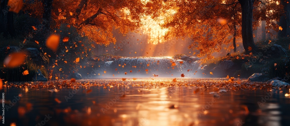 Fototapeta premium Serene Autumn Forest Scene with Falling Leaves and Gentle Waterfall at Sunset Creating a Tranquil and Picturesque Landscape