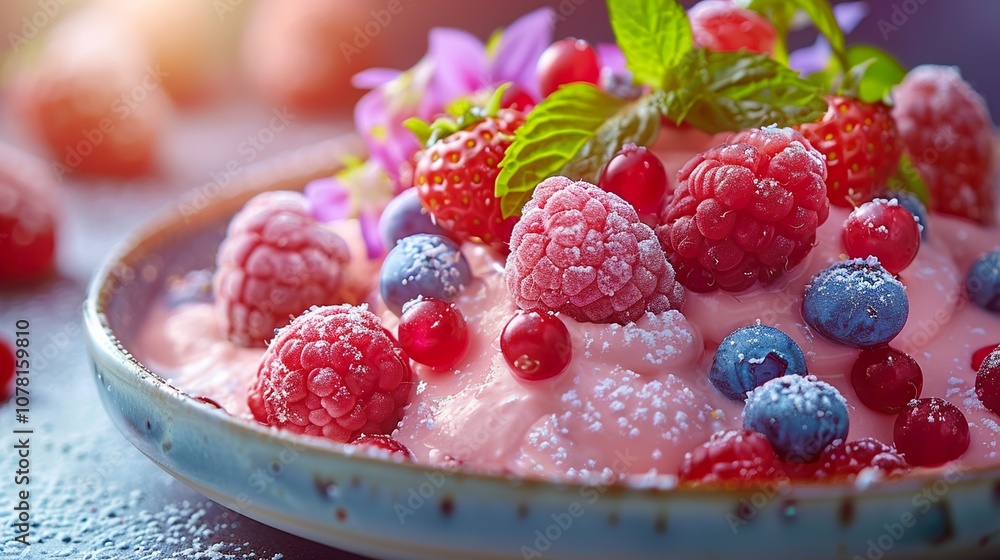 Close-Up of a Creamy Yogurt Bowl with Fresh Berries and Mint Close-Up of a Creamy Yogurt Bowl with Fresh Berries and Mint