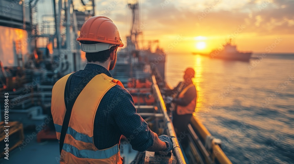 A worker in safety gear watches a sunset over the water, surrounded by ships and oil rigs, symbolizing maritime industry and teamwork. A worker in safety gear watches a sunset over the water, surrounded by ships and oil rigs, symbolizing maritime industry and teamwork.