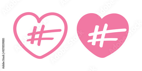 Hashtag in the pink heart. Love message sign. Vector illustration on white background