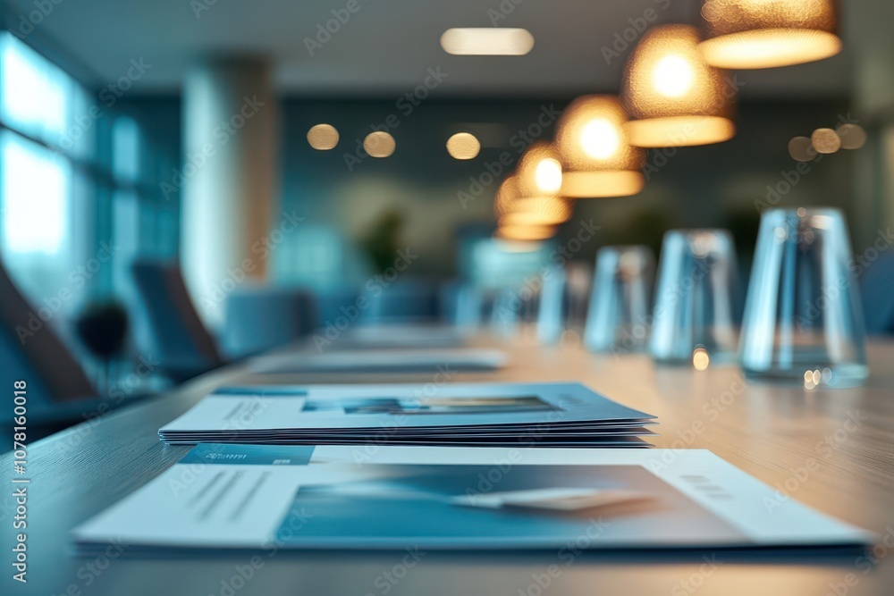 Neatly aligned product brochures and catalogs on a spacious conference table in soft lighting Neatly aligned product brochures and catalogs on a spacious conference table in soft lighting
