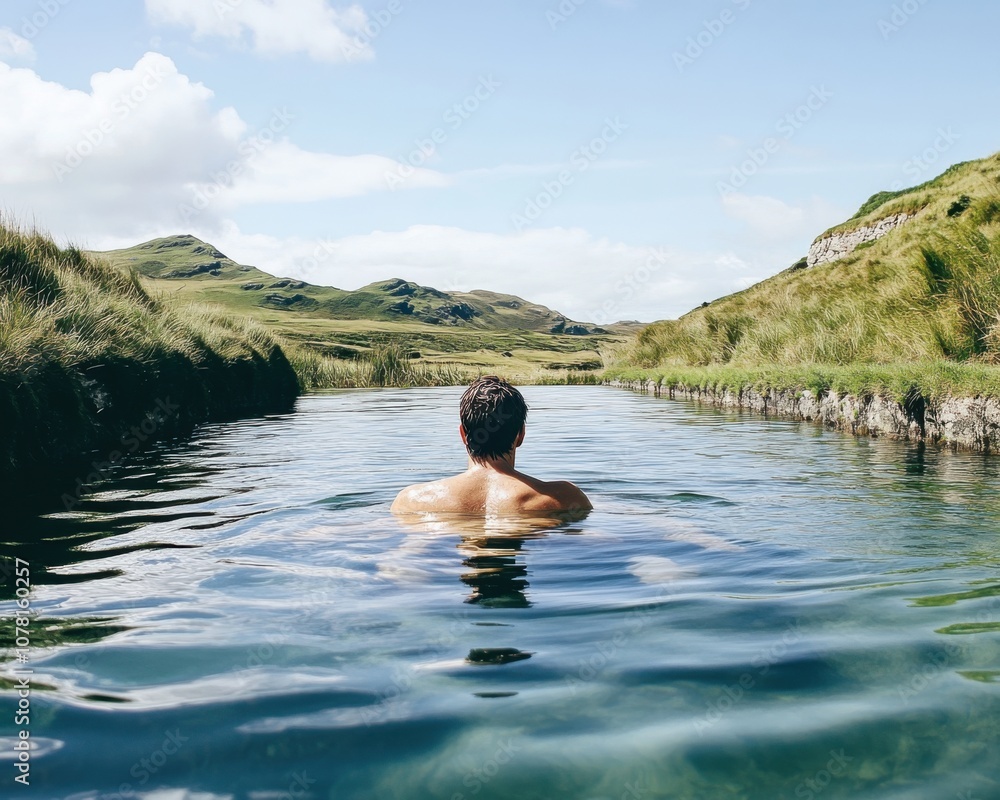 A person swimming in an open wild water body, enjoying the essence of nature and wellness A person swimming in an open wild water body, enjoying the essence of nature and wellness