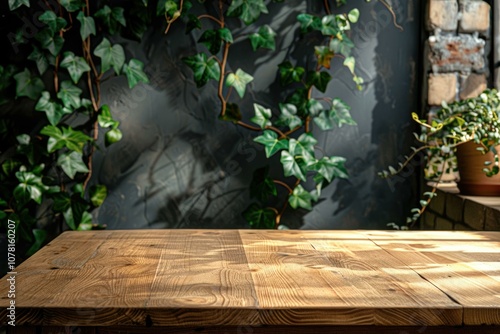 Wood table with blurred green leaf background.