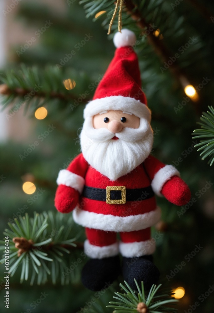 Plush santa claus ornament on artificial pine branch Plush santa claus ornament on artificial pine branch