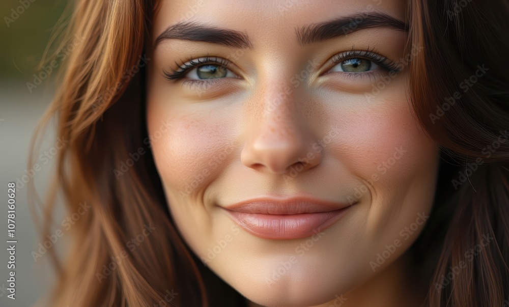 Smiling woman with brown hair and blue eyes Smiling woman with brown hair and blue eyes