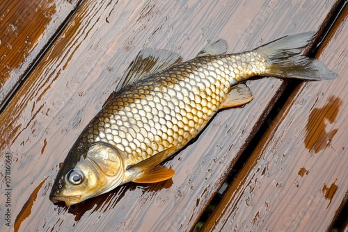 A large fish lies separately on the deck, its gleaming scales standing out against the wet wooden surface photo