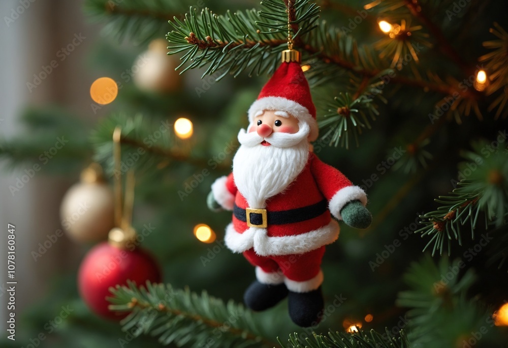 Plush santa claus ornament on artificial pine branch Plush santa claus ornament on artificial pine branch