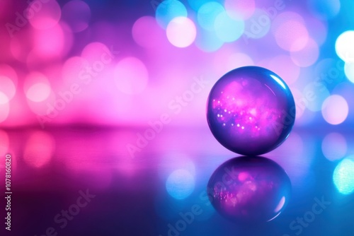 A single glass sphere with an iridescent purple and blue nebula inside sits on a reflective surface, reflecting the colorful bokeh background.