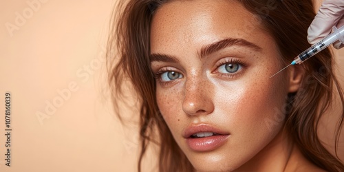 Close-up beauty injection on woman's forehead for cosmetic enhancement treatment