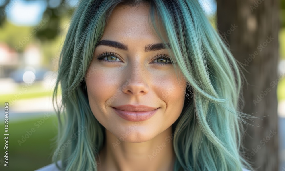 Smiling woman with teal hair outdoors Smiling woman with teal hair outdoors