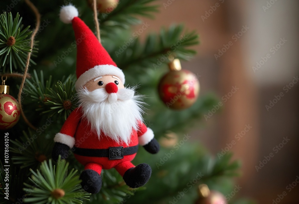 Plush santa claus ornament on artificial pine branch Plush santa claus ornament on artificial pine branch