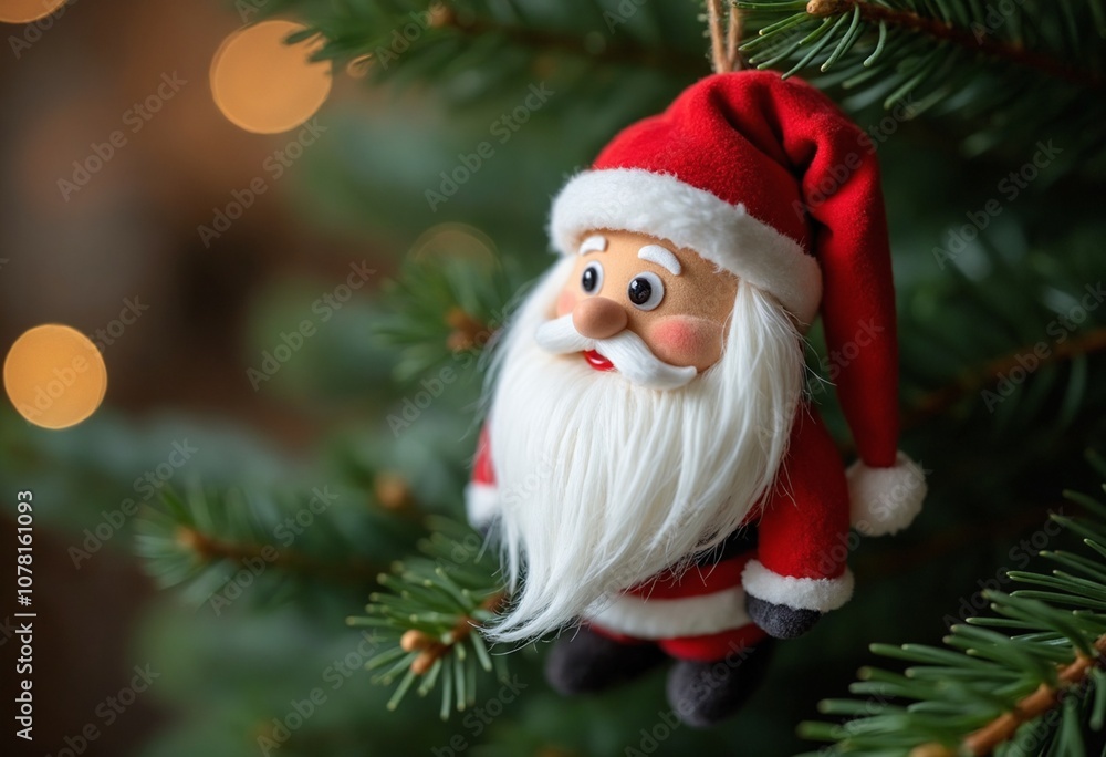 Plush santa claus ornament on artificial pine branch Plush santa claus ornament on artificial pine branch