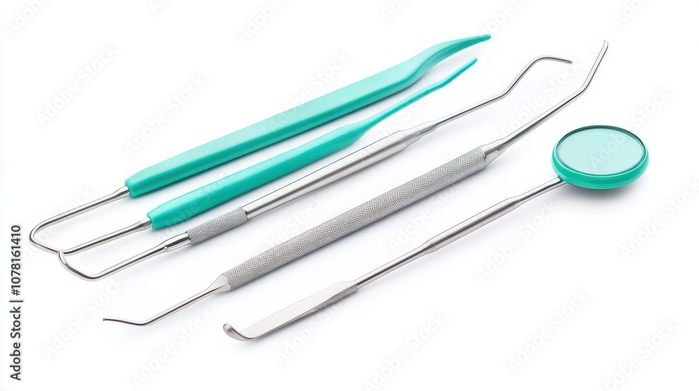 Dental Instruments and Mirror with Green Handles Dental Instruments and Mirror with Green Handles