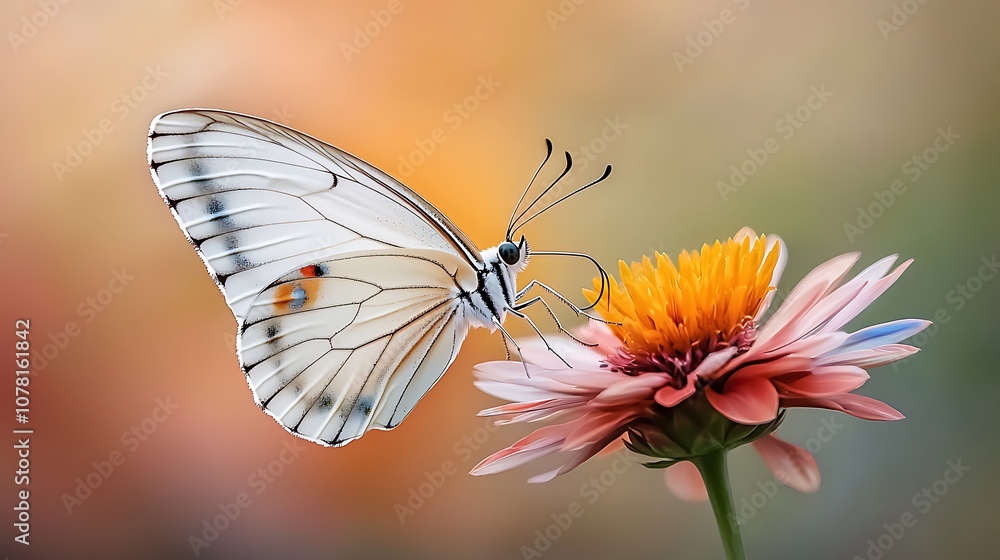 Fototapeta premium The delicate wings of the butterfly gently flutter against the vibrant background of a colorful flower, creating a mesmerizing and enchanting scene in nature.