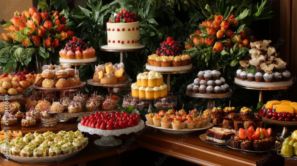 50.A decadent dessert table featuring multiple cakes and pastries, each one beautifully presented with rich frostings, fresh fruit toppings, and intricate decorative elements, creating a feast for 50.A decadent dessert table featuring multiple cakes and pastries, each one beautifully presented with rich frostings, fresh fruit toppings, and intricate decorative elements, creating a feast for