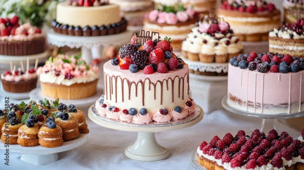 Naklejka premium 50.A decadent dessert table featuring multiple cakes and pastries, each one beautifully presented with rich frostings, fresh fruit toppings, and intricate decorative elements, creating a feast for