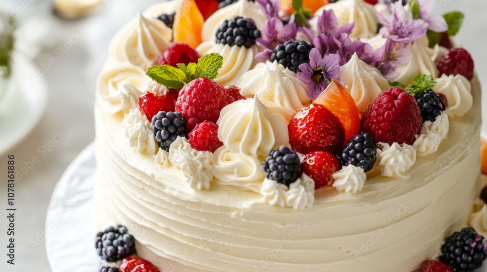 46.A beautifully decorated cake topped with delicate cream swirls, fresh fruit, and edible flowers, set against a neutral background for a clean, sophisticated presentation. 46.A beautifully decorated cake topped with delicate cream swirls, fresh fruit, and edible flowers, set against a neutral background for a clean, sophisticated presentation.