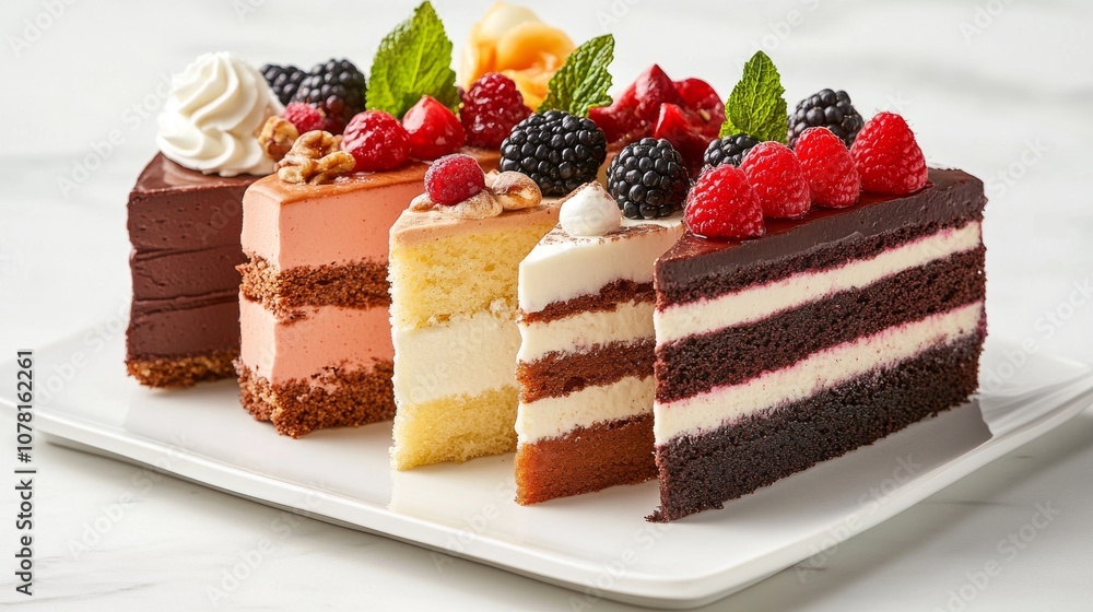 44.A detailed display of assorted cake slices, with each piece highlighting a different flavor and texture. The collection includes chocolate mousse, berry-topped sponge cakes, and a slice of rich 44.A detailed display of assorted cake slices, with each piece highlighting a different flavor and texture. The collection includes chocolate mousse, berry-topped sponge cakes, and a slice of rich