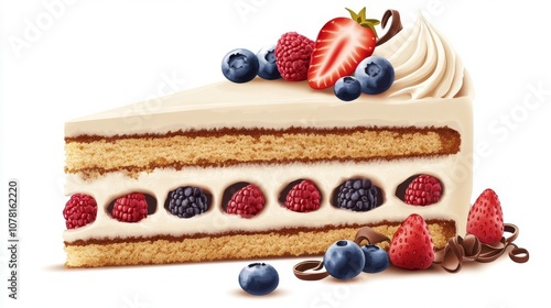 4.A detailed, colorful vector image of a birthday cake slice, showing multiple layers of sponge cake filled with creamy frosting. The slice is garnished with fresh strawberries and blueberries on