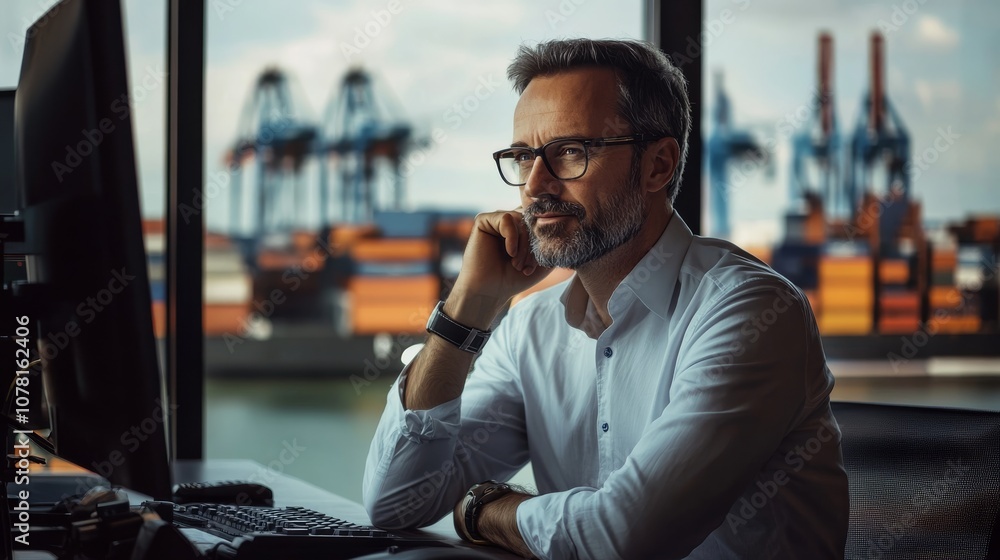 A thoughtful man focused on his computer in an office setting, with shipping containers and cranes visible outside the window. A thoughtful man focused on his computer in an office setting, with shipping containers and cranes visible outside the window.