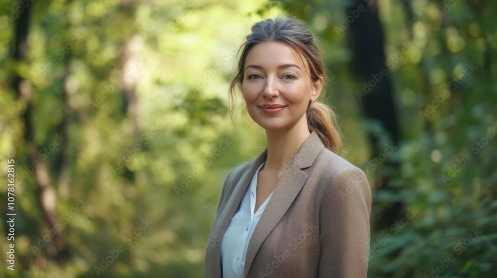 Friendly businesswoman smiling confidently in a natural environment Friendly businesswoman smiling confidently in a natural environment