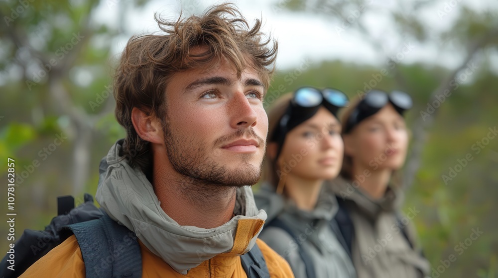 Group of young adventurers exploring nature, contemplating the beauty of the outdoors together. Inspiring moments.