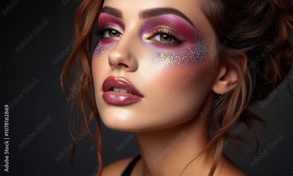Young woman with vibrant makeup and sparkle. Young woman with vibrant makeup and sparkle.