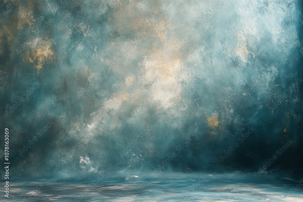Abstract blue and green textured wall background with a light source above and a floor. Abstract blue and green textured wall background with a light source above and a floor.