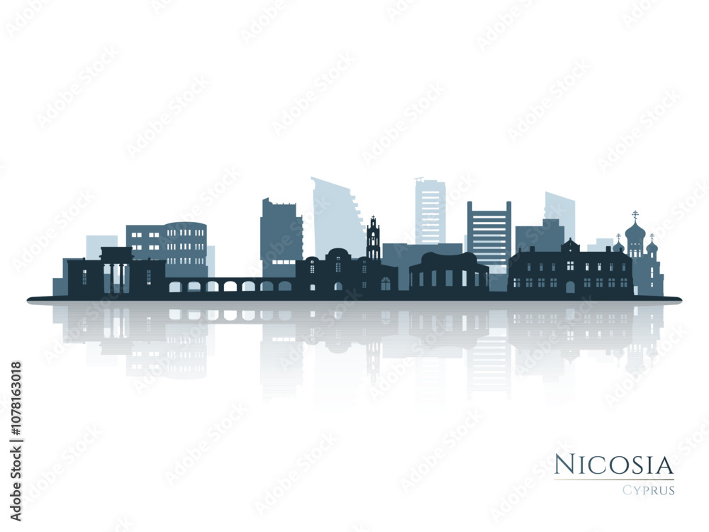 Naklejka premium Nicosia skyline silhouette with reflection. Landscape Nicosia, Cyprus. Vector illustration.