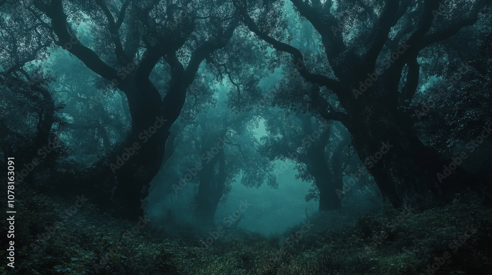 Obraz premium Mysterious Foggy Forest With Glowing Light in the Distance