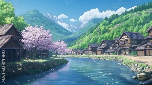 Peaceful anime village with a serene river and cherry blossom trees