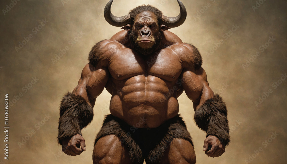 A muscular, humanoid creature with a bull's head stands confidently in a dimly lit environment A muscular, humanoid creature with a bull's head stands confidently in a dimly lit environment