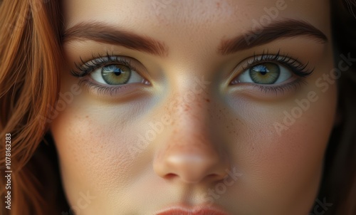 Close-up of a young woman with green eyes