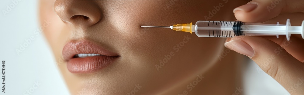 Closeup beauty treatment: woman receiving forehead cosmetic injection anti-aging skin care Closeup beauty treatment: woman receiving forehead cosmetic injection anti-aging skin care