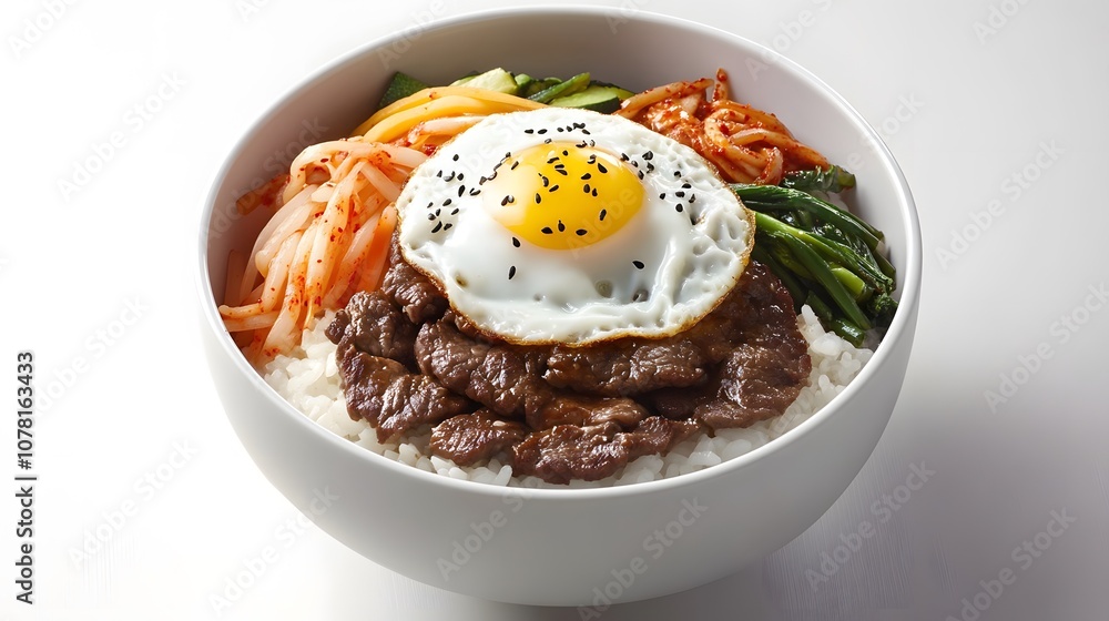 A bowl of bibimbap, mixed rice topped with vegetables, beef, and a fried egg, served with gochujang sauce.
A bowl of bibimbap, mixed rice topped with vegetables, beef, and a fried egg, served with gochujang sauce.