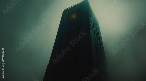 A tall, dark building rises into a thick fog, with a single lit window glowing like a beacon of hope. photo