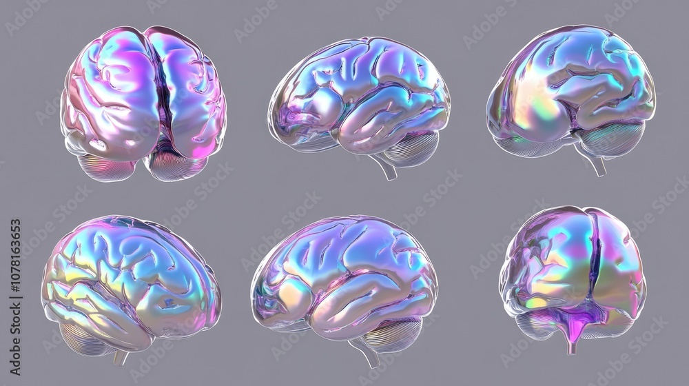Six iridescent brains in various positions against a grey background. The metallic brains are vibrant and capture the light with a rainbow of color. Six iridescent brains in various positions against a grey background. The metallic brains are vibrant and capture the light with a rainbow of color.