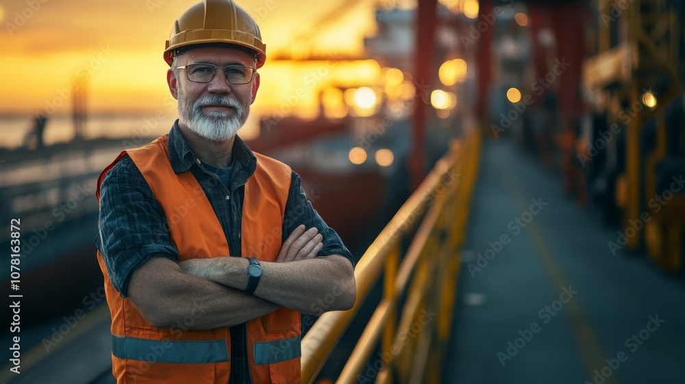 A confident worker in safety gear stands on a dock at sunset, showcasing a blend of industry and serene natural beauty. A confident worker in safety gear stands on a dock at sunset, showcasing a blend of industry and serene natural beauty.