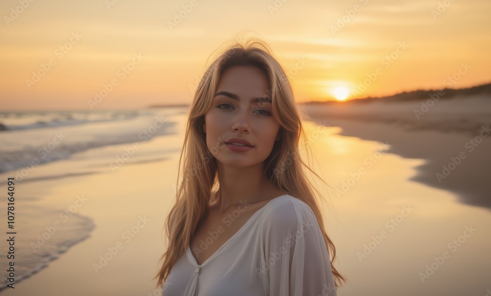 Blonde woman at sunset on the beach Blonde woman at sunset on the beach