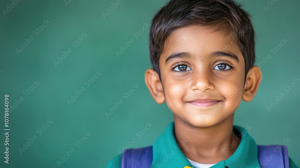 Cheerful young boy with bright eyes and a friendly smile, wearing a green shirt and backpack, set against a vibrant green background, ready for school or adventure. Cheerful young boy with bright eyes and a friendly smile, wearing a green shirt and backpack, set against a vibrant green background, ready for school or adventure.
