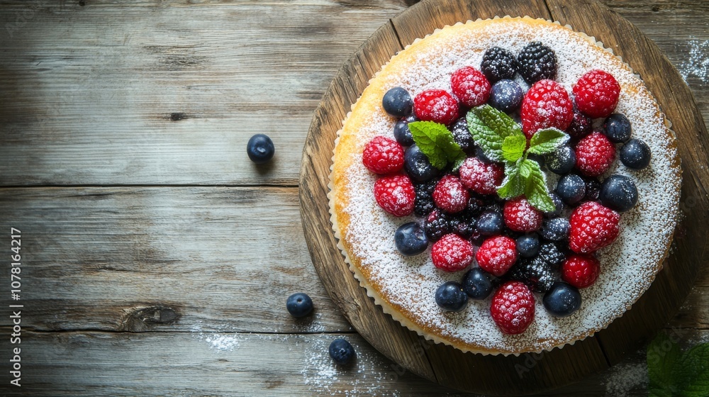 49.A rustic, homemade cake with a simple design, topped with fresh berries, powdered sugar, and mint leaves, sitting on a wooden table for a cozy, homestyle atmosphere. 49.A rustic, homemade cake with a simple design, topped with fresh berries, powdered sugar, and mint leaves, sitting on a wooden table for a cozy, homestyle atmosphere.